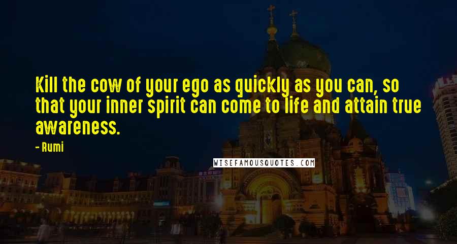 Rumi Quotes: Kill the cow of your ego as quickly as you can, so that your inner spirit can come to life and attain true awareness.