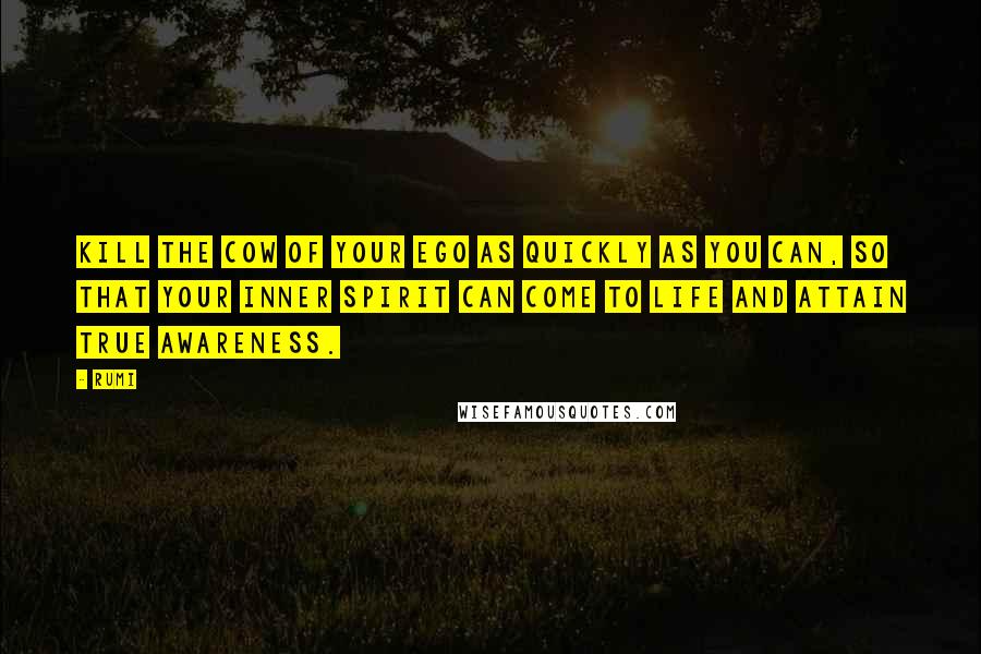 Rumi Quotes: Kill the cow of your ego as quickly as you can, so that your inner spirit can come to life and attain true awareness.