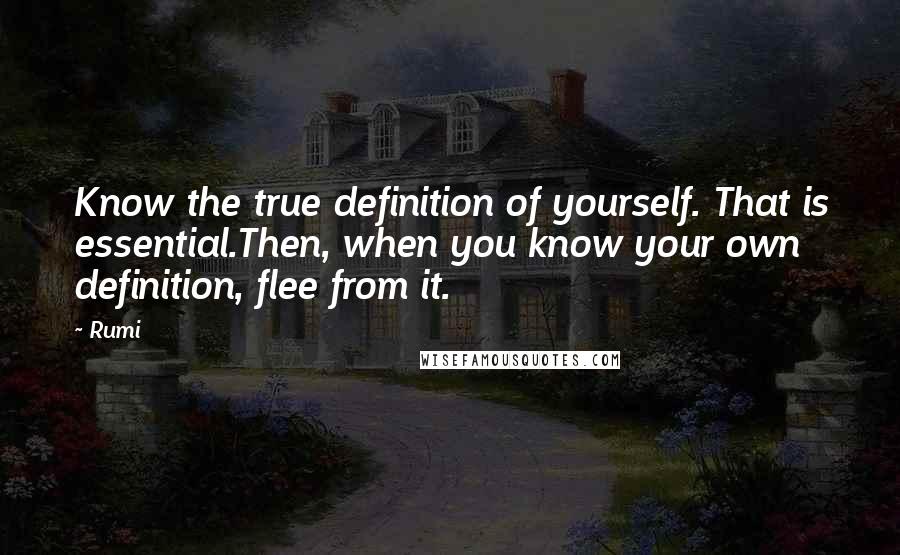 Rumi Quotes: Know the true definition of yourself. That is essential.Then, when you know your own definition, flee from it.