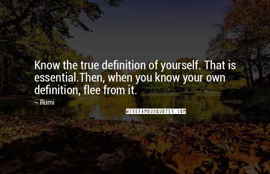 Rumi Quotes: Know the true definition of yourself. That is essential.Then, when you know your own definition, flee from it.