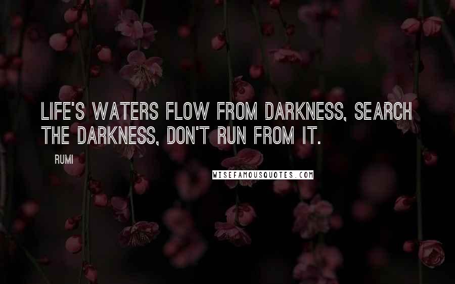 Rumi Quotes: Life's waters flow from darkness, Search the darkness, don't run from it.