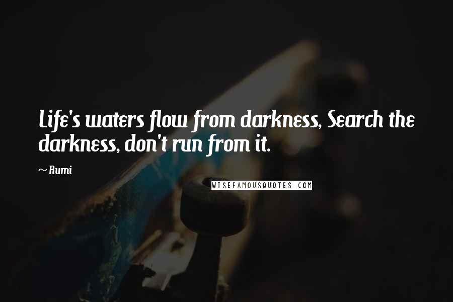 Rumi Quotes: Life's waters flow from darkness, Search the darkness, don't run from it.