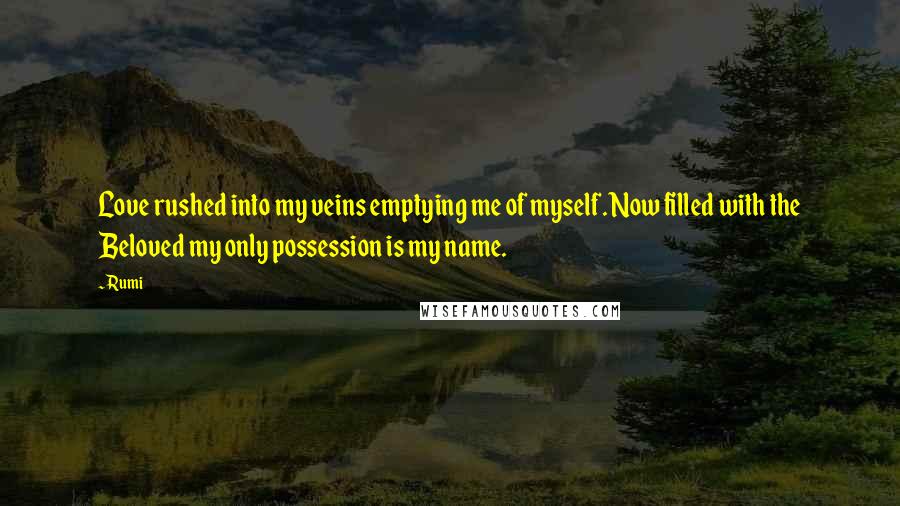 Rumi Quotes: Love rushed into my veins emptying me of myself. Now filled with the Beloved my only possession is my name.