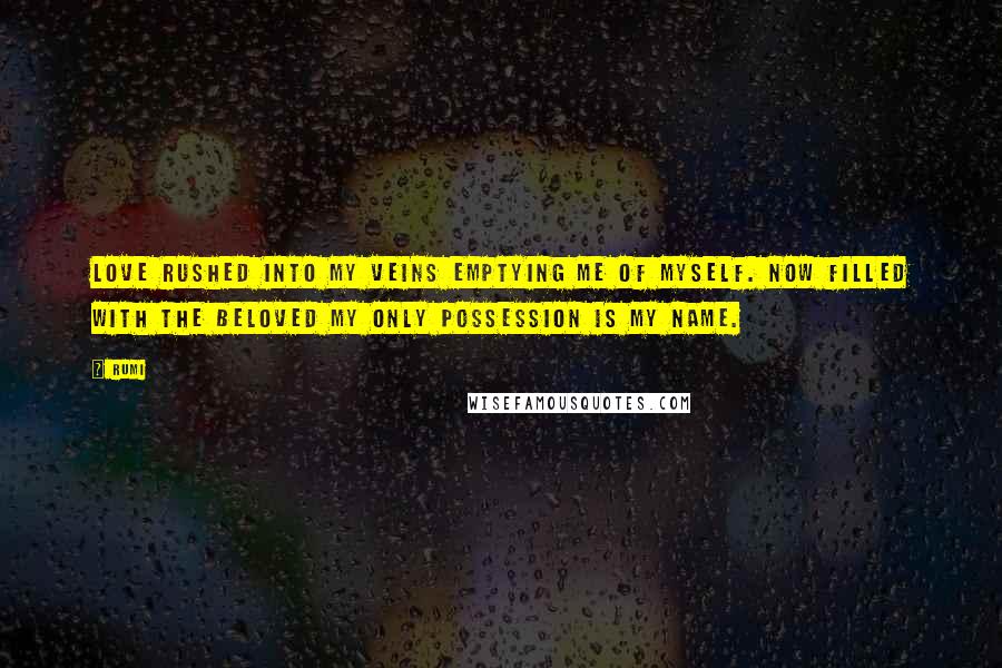 Rumi Quotes: Love rushed into my veins emptying me of myself. Now filled with the Beloved my only possession is my name.