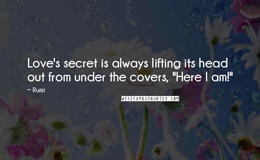 Rumi Quotes: Love's secret is always lifting its head out from under the covers, "Here I am!"