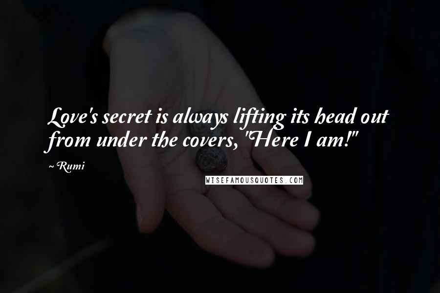 Rumi Quotes: Love's secret is always lifting its head out from under the covers, "Here I am!"