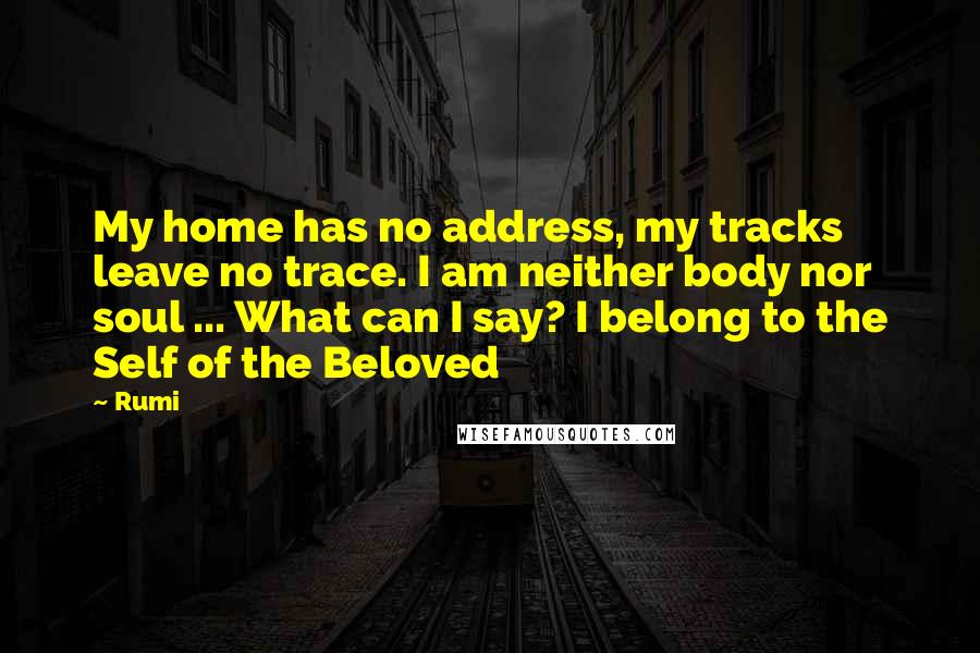 Rumi Quotes: My home has no address, my tracks leave no trace. I am neither body nor soul ... What can I say? I belong to the Self of the Beloved