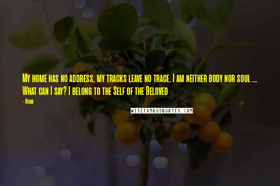 Rumi Quotes: My home has no address, my tracks leave no trace. I am neither body nor soul ... What can I say? I belong to the Self of the Beloved
