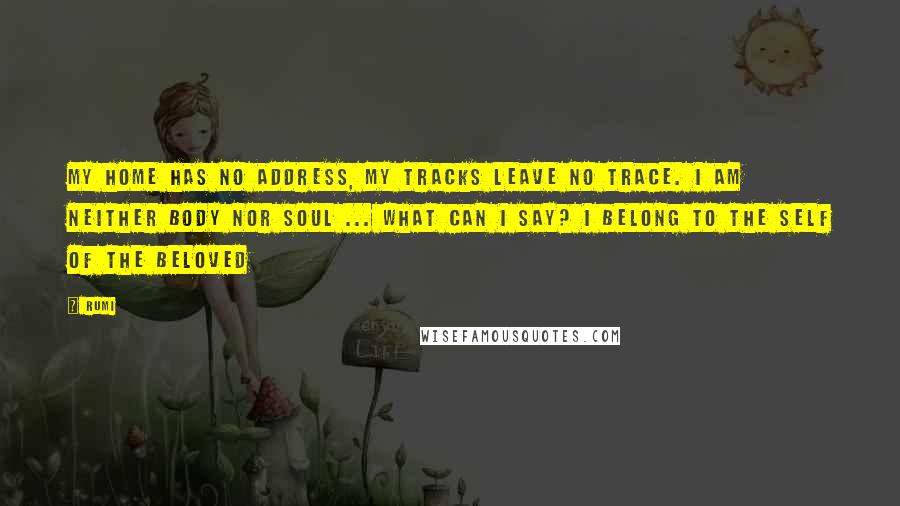 Rumi Quotes: My home has no address, my tracks leave no trace. I am neither body nor soul ... What can I say? I belong to the Self of the Beloved