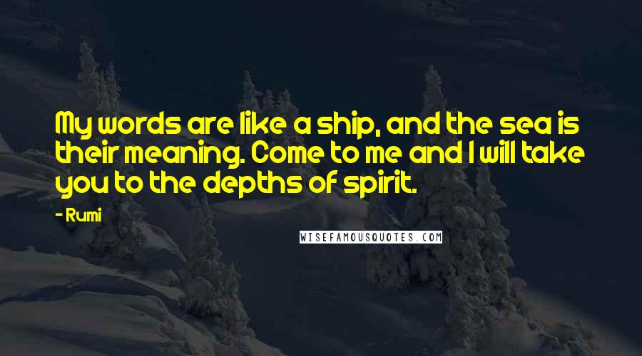 Rumi Quotes: My words are like a ship, and the sea is their meaning. Come to me and I will take you to the depths of spirit.