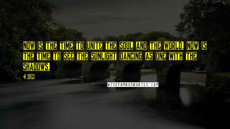 Rumi Quotes: Now is the time to unite the soul and the world. Now is the time to see the sunlight dancing as one with the shadows.