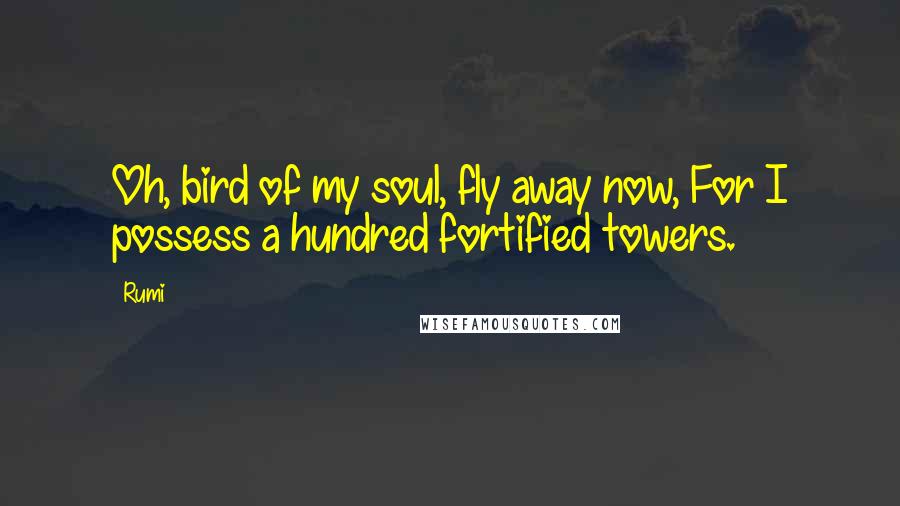 Rumi Quotes: Oh, bird of my soul, fly away now, For I possess a hundred fortified towers.