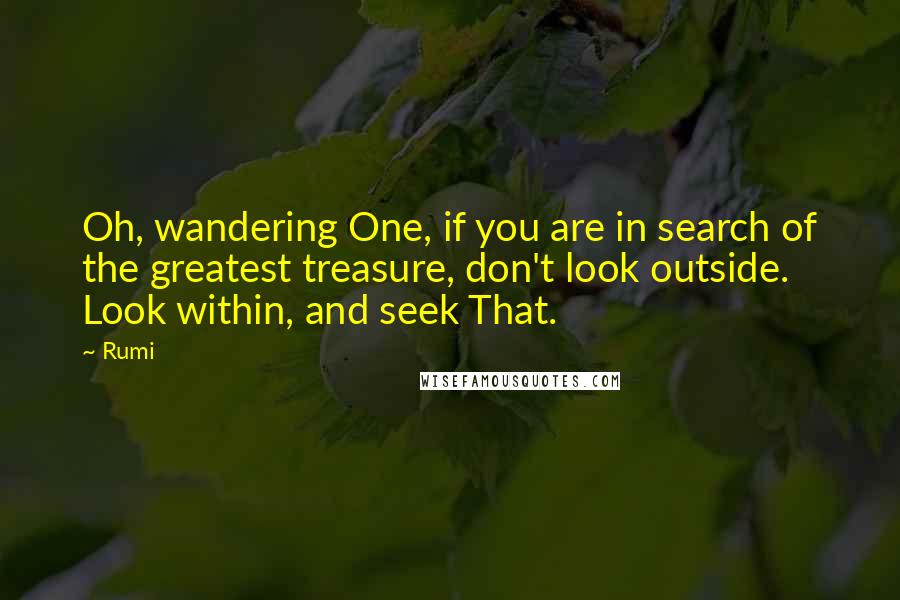 Rumi Quotes: Oh, wandering One, if you are in search of the greatest treasure, don't look outside. Look within, and seek That.