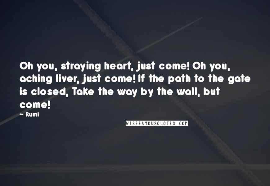 Rumi Quotes: Oh you, straying heart, just come! Oh you, aching liver, just come! If the path to the gate is closed, Take the way by the wall, but come!