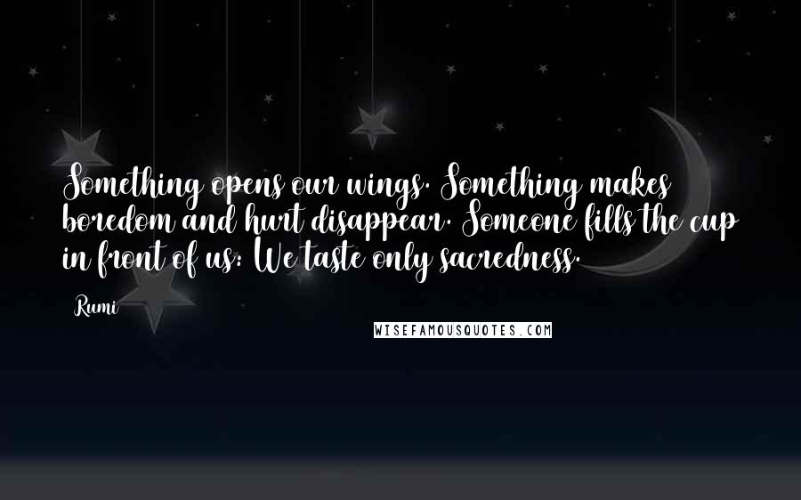 Rumi Quotes: Something opens our wings. Something makes boredom and hurt disappear. Someone fills the cup in front of us: We taste only sacredness.