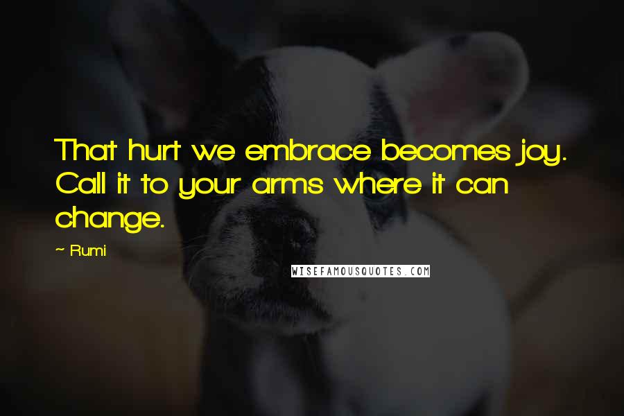 Rumi Quotes: That hurt we embrace becomes joy. Call it to your arms where it can change.
