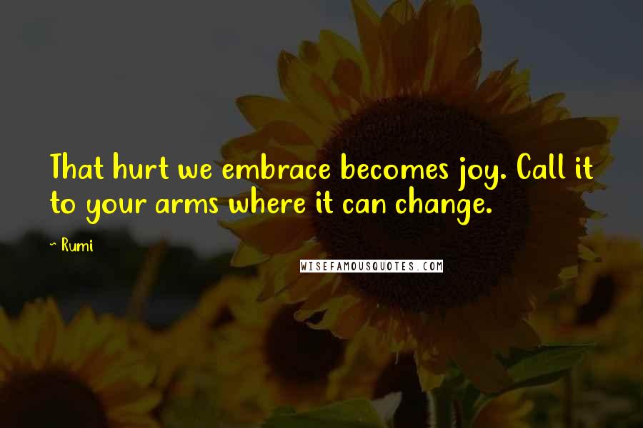 Rumi Quotes: That hurt we embrace becomes joy. Call it to your arms where it can change.