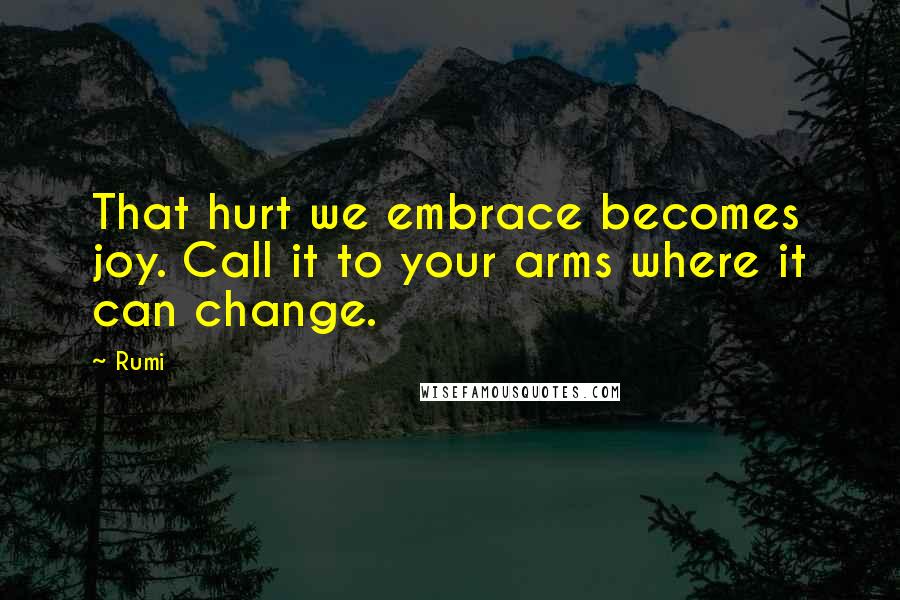 Rumi Quotes: That hurt we embrace becomes joy. Call it to your arms where it can change.