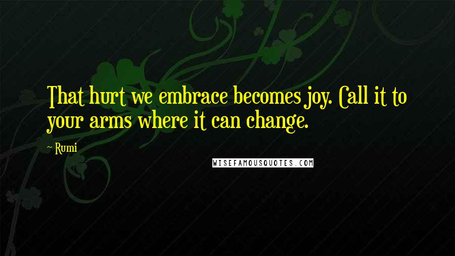 Rumi Quotes: That hurt we embrace becomes joy. Call it to your arms where it can change.