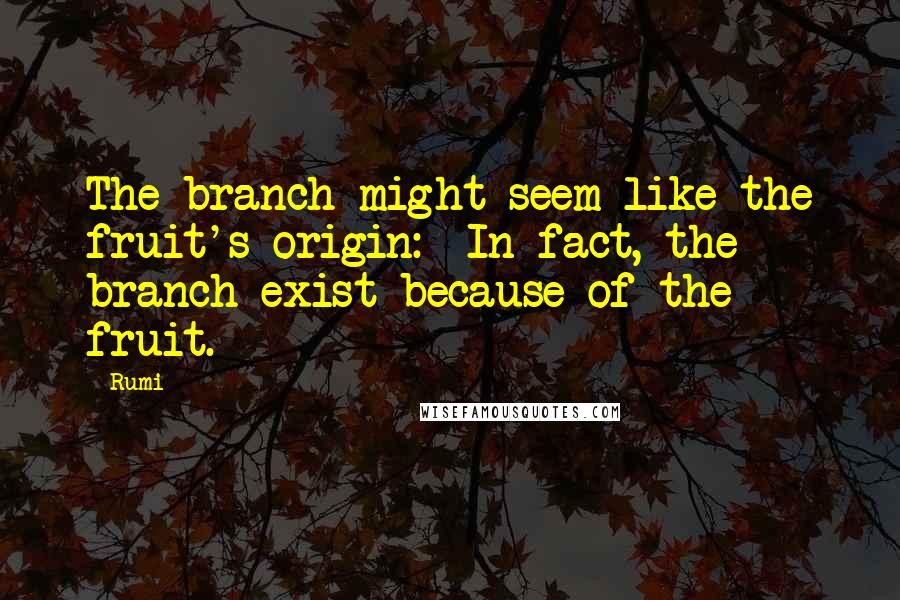 Rumi Quotes: The branch might seem like the fruit's origin:  In fact, the branch exist because of the fruit.