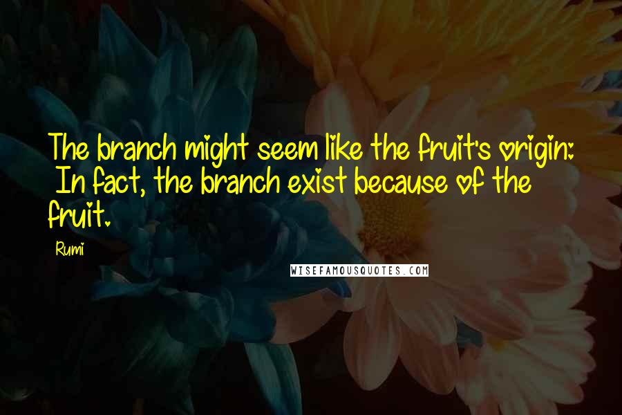 Rumi Quotes: The branch might seem like the fruit's origin:  In fact, the branch exist because of the fruit.