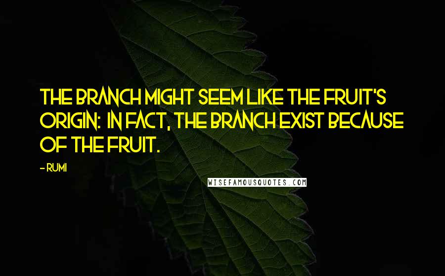 Rumi Quotes: The branch might seem like the fruit's origin:  In fact, the branch exist because of the fruit.