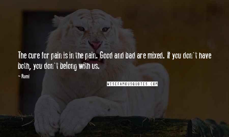 Rumi Quotes: The cure for pain is in the pain. Good and bad are mixed. If you don't have both, you don't belong with us.