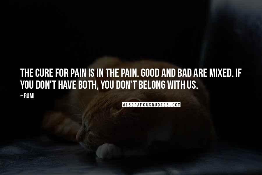 Rumi Quotes: The cure for pain is in the pain. Good and bad are mixed. If you don't have both, you don't belong with us.