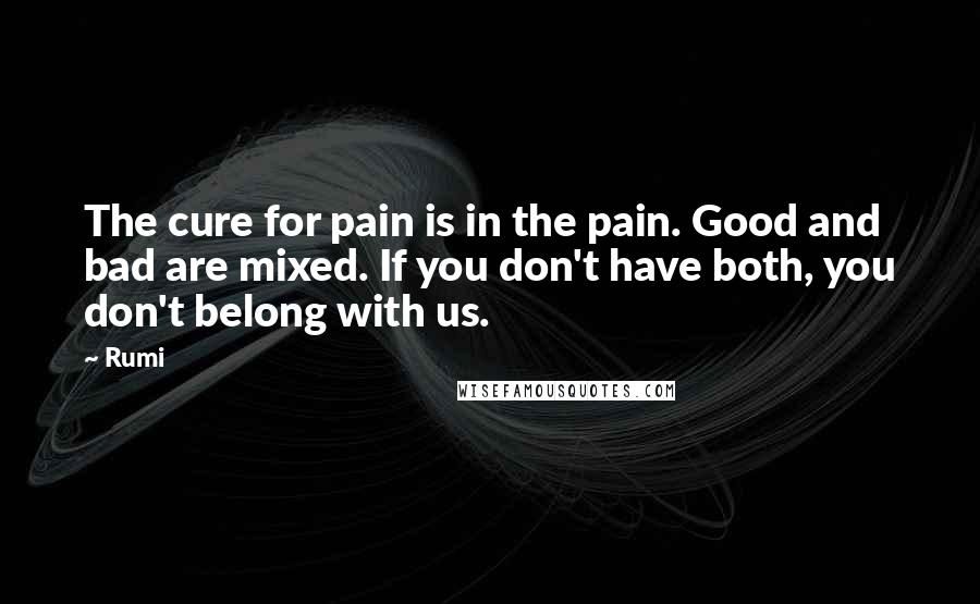 Rumi Quotes: The cure for pain is in the pain. Good and bad are mixed. If you don't have both, you don't belong with us.