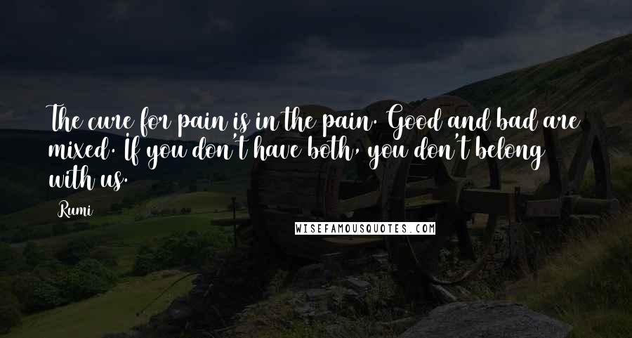 Rumi Quotes: The cure for pain is in the pain. Good and bad are mixed. If you don't have both, you don't belong with us.