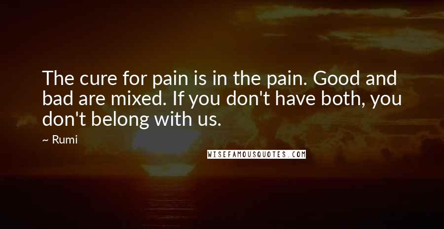 Rumi Quotes: The cure for pain is in the pain. Good and bad are mixed. If you don't have both, you don't belong with us.