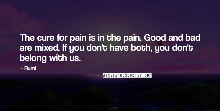 Rumi Quotes: The cure for pain is in the pain. Good and bad are mixed. If you don't have both, you don't belong with us.