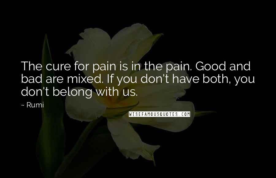 Rumi Quotes: The cure for pain is in the pain. Good and bad are mixed. If you don't have both, you don't belong with us.