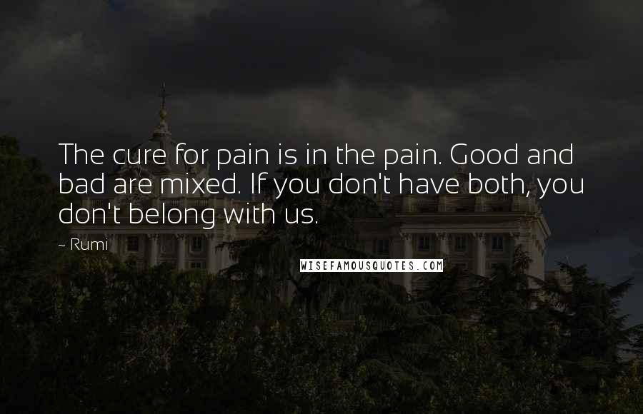 Rumi Quotes: The cure for pain is in the pain. Good and bad are mixed. If you don't have both, you don't belong with us.