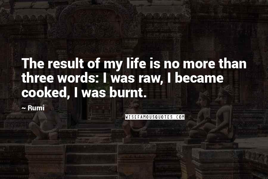 Rumi Quotes: The result of my life is no more than three words: I was raw, I became cooked, I was burnt.