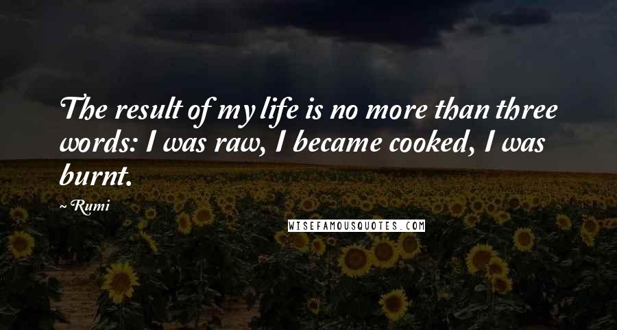 Rumi Quotes: The result of my life is no more than three words: I was raw, I became cooked, I was burnt.