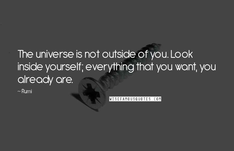 Rumi Quotes: The universe is not outside of you. Look inside yourself; everything that you want, you already are.