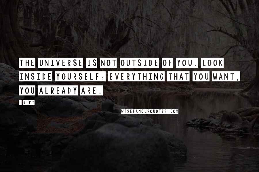 Rumi Quotes: The universe is not outside of you. Look inside yourself; everything that you want, you already are.