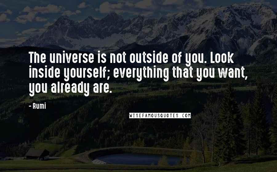 Rumi Quotes: The universe is not outside of you. Look inside yourself; everything that you want, you already are.