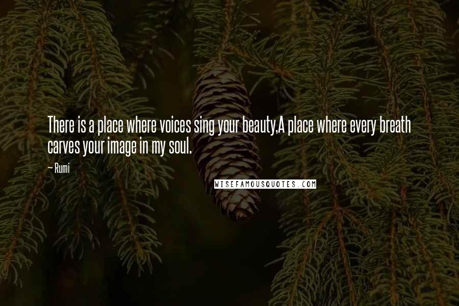 Rumi Quotes: There is a place where voices sing your beauty,A place where every breath carves your image in my soul.