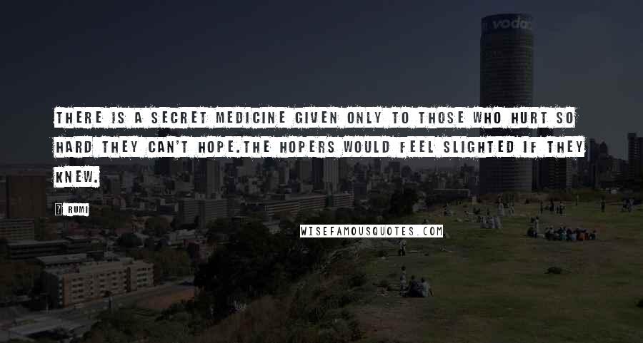 Rumi Quotes: There is a secret medicine given only to those who hurt so hard they can't hope.The hopers would feel slighted if they knew.