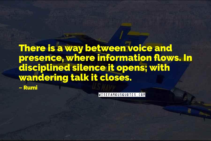 Rumi Quotes: There is a way between voice and presence, where information flows. In disciplined silence it opens; with wandering talk it closes.