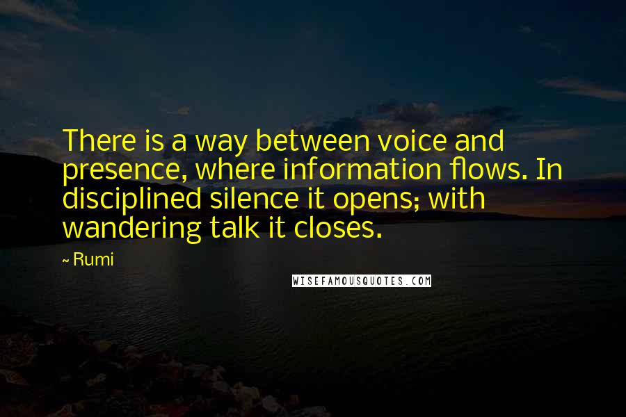Rumi Quotes: There is a way between voice and presence, where information flows. In disciplined silence it opens; with wandering talk it closes.