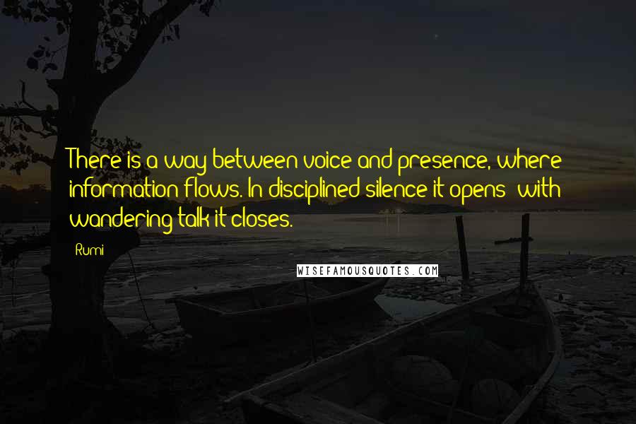 Rumi Quotes: There is a way between voice and presence, where information flows. In disciplined silence it opens; with wandering talk it closes.