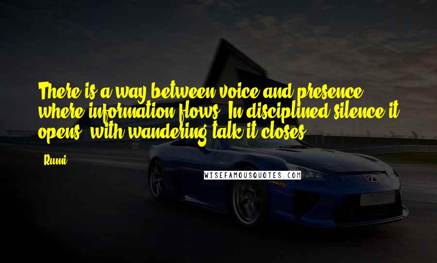 Rumi Quotes: There is a way between voice and presence, where information flows. In disciplined silence it opens; with wandering talk it closes.