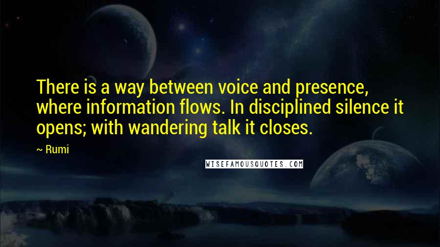 Rumi Quotes: There is a way between voice and presence, where information flows. In disciplined silence it opens; with wandering talk it closes.