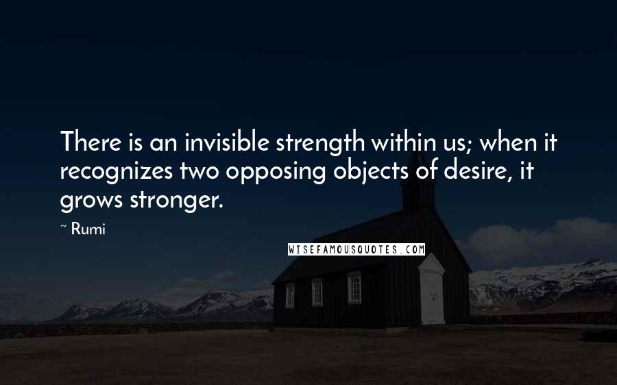 Rumi Quotes: There is an invisible strength within us; when it recognizes two opposing objects of desire, it grows stronger.