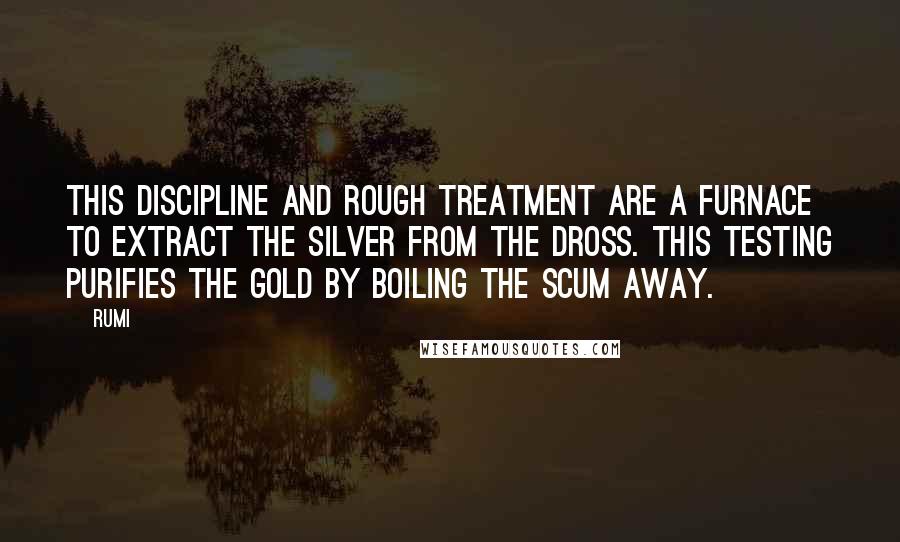 Rumi Quotes: This discipline and rough treatment are a furnace to extract the silver from the dross. This testing purifies the gold by boiling the scum away.