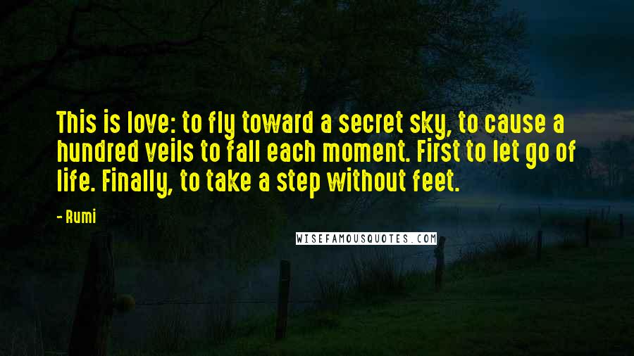 Rumi Quotes: This is love: to fly toward a secret sky, to cause a hundred veils to fall each moment. First to let go of life. Finally, to take a step without feet.