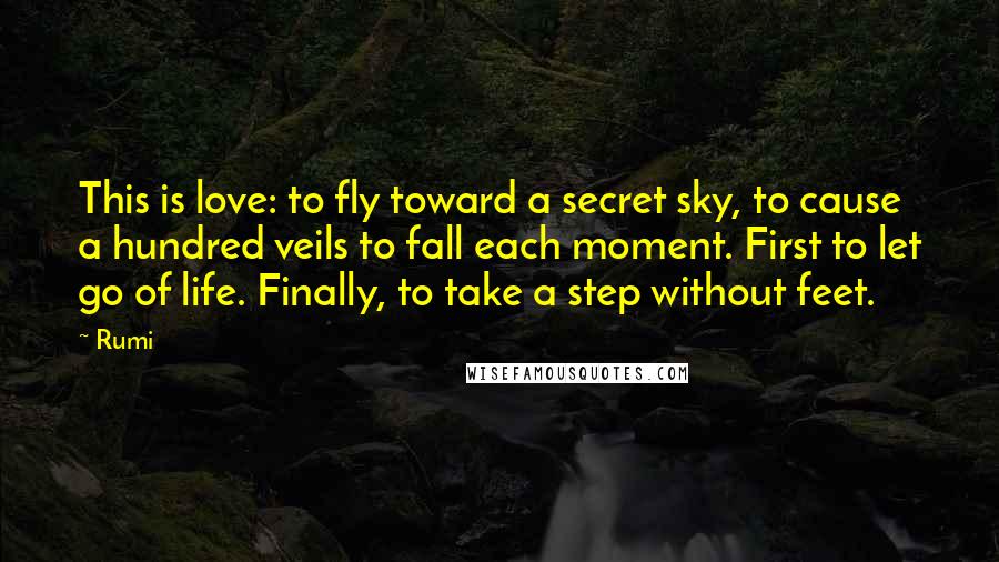 Rumi Quotes: This is love: to fly toward a secret sky, to cause a hundred veils to fall each moment. First to let go of life. Finally, to take a step without feet.